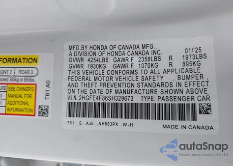 2025 Honda Civic Hybrid Sport/Sport Touring z USA, uszkodzony, nr VIN 2HGFE4F86SH329673